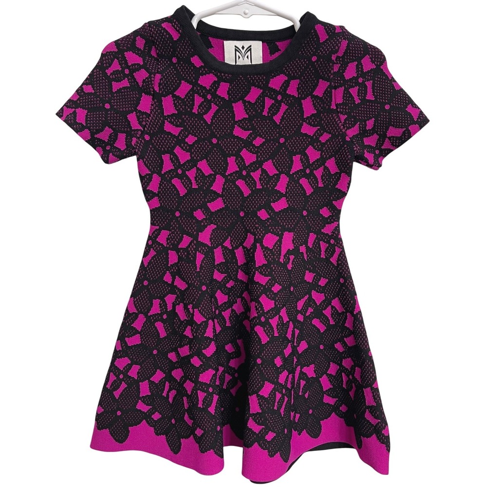 Milly Minis Pink Black Knit Jacquard Floral Geometric Girly Fit Flare Dress 2/3T